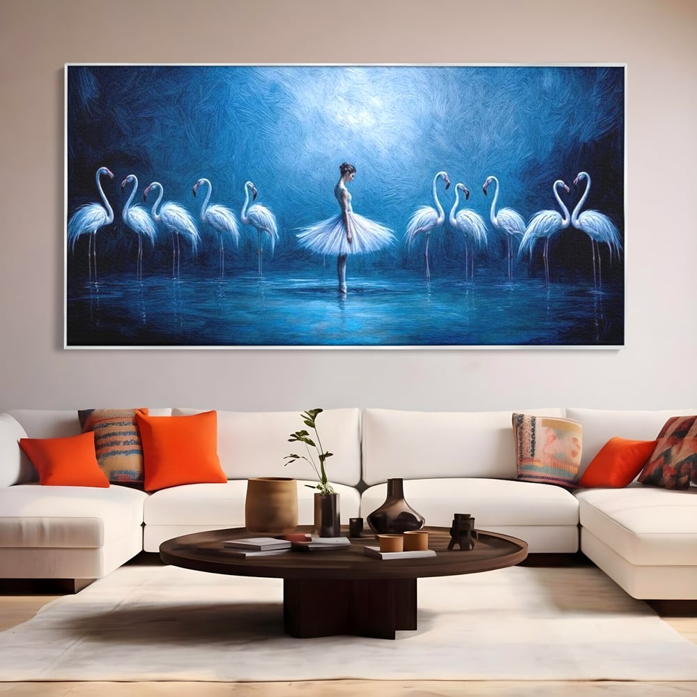 Tablou canvas cu tablou canvas cu balerina si flamingo, in rama de aluminiu argintiu, pe perete intr-un living